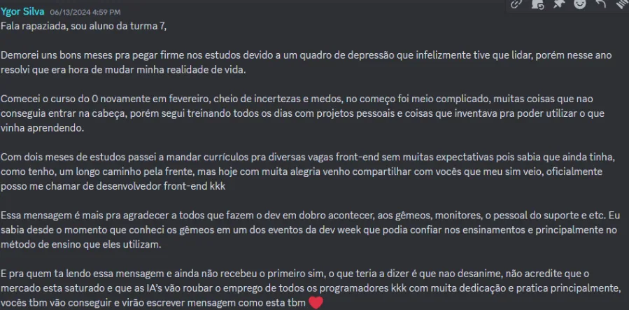 Depoimento de aluno